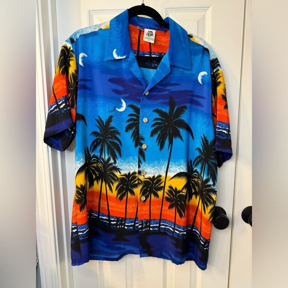 Kennington Hawaiian Shirt Mens Large Blue Sunset Palm Trees Short Sleeve